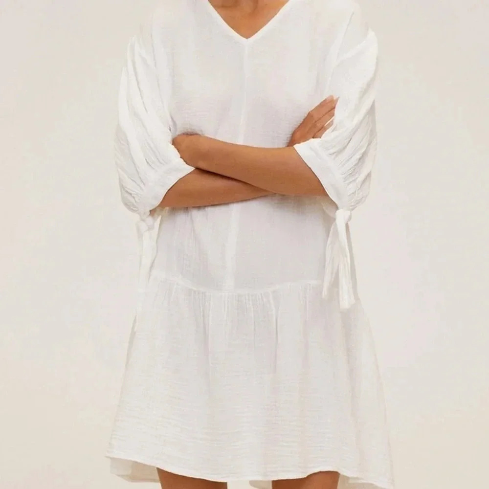 Mng By Mango White Tie Sleeve Ruffle Hem Shift Dress/ Coverup Nwt Sz 2